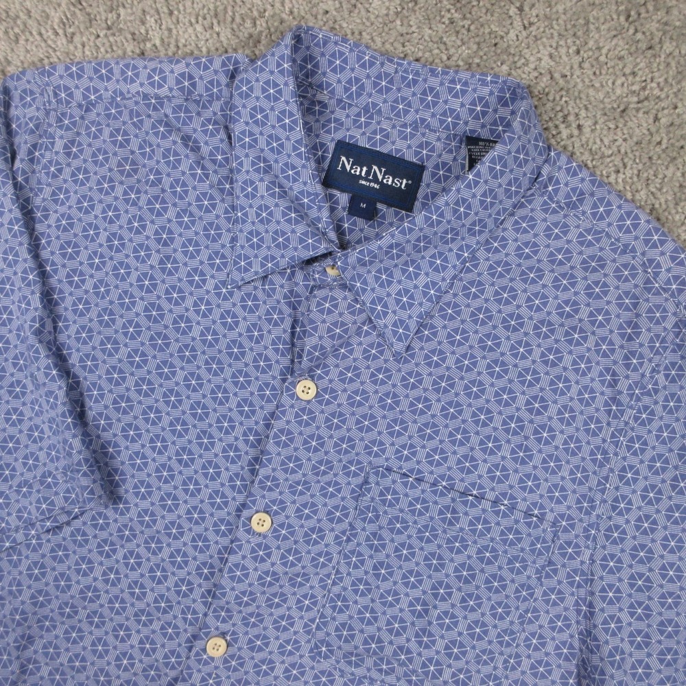 Nat Nast Shirt Mens Medium Blue Geometric Rayon Pocket Short Sleeve Button Up